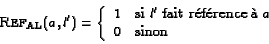 \begin{displaymath}\text{\sc Ref}_{\text{AL}}(a, l')=\left\{
\begin{array}{ll}
...
...ait rfrence  $a$}\\
0 & \text{sinon}
\end{array}\right.
\end{displaymath}